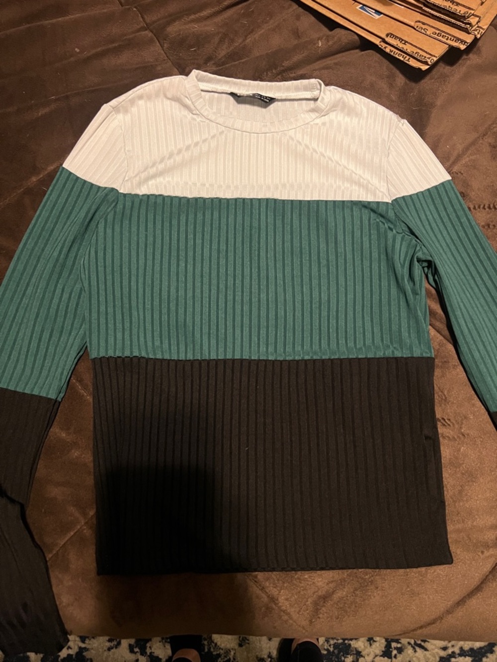 SHEIN Colorblock Ribbed Long Sleeve Tee in White, Teal & Black